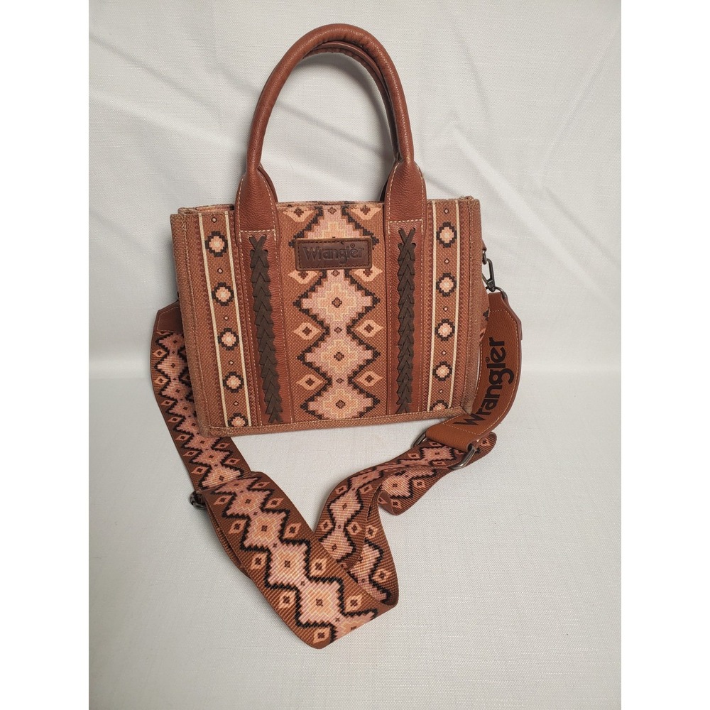 Wrangler Aztec Canvas Tote Crossbody Bag Coffee Brown/Pink Whipstitch Tote